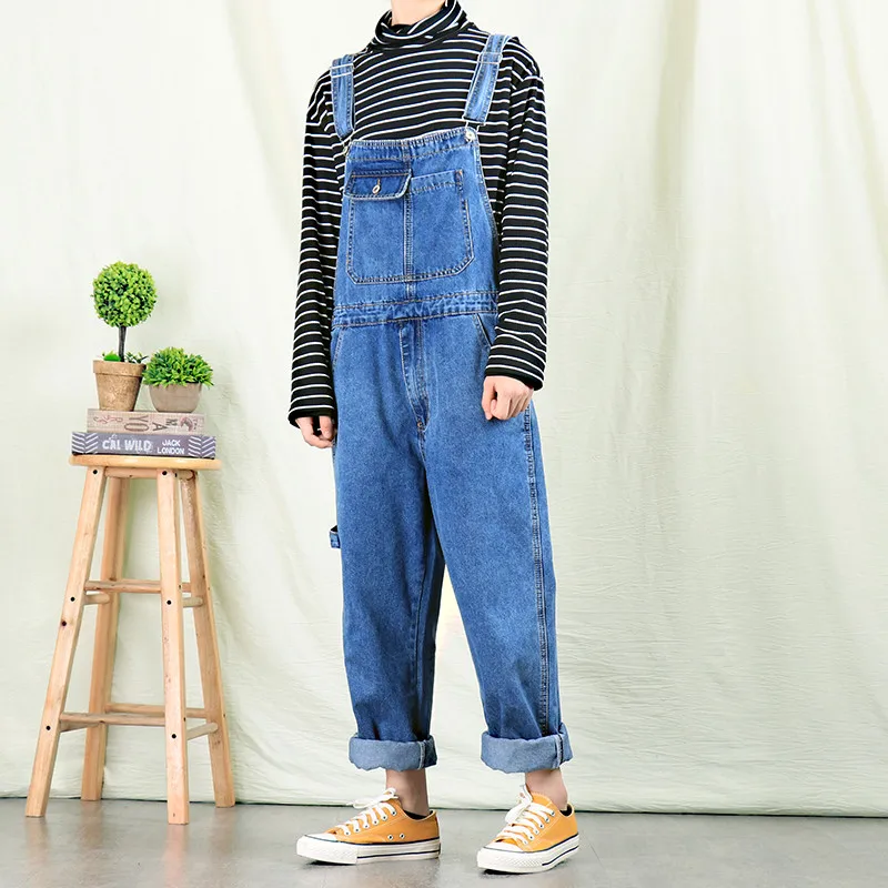 Men's Denim Overalls Korean Version of Tooling Jumpsuits Men's One-Piece Bib Blue Denim Trousers