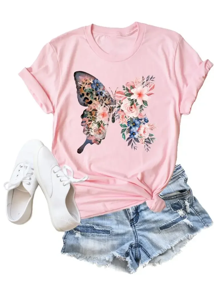 Camiseta con estampado de flores y mariposas para mujer, ropa de moda, camisetas de dibujos animados, camiseta estampada informal para mujer