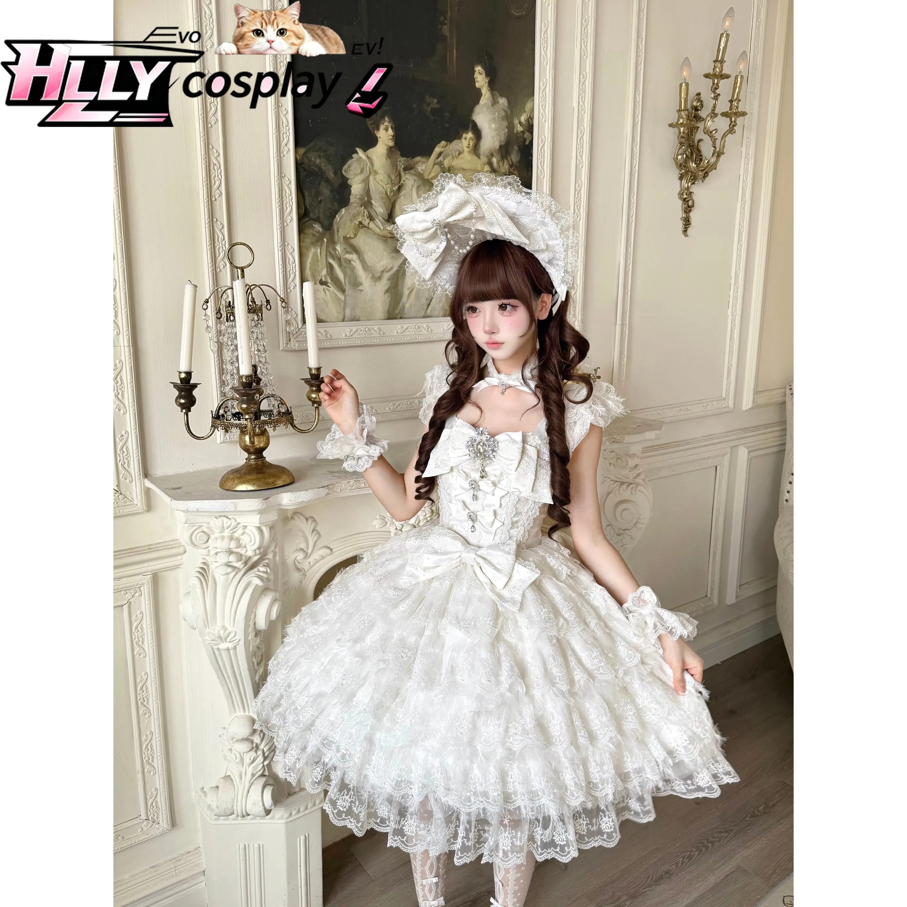 

Elegant Victorian Light Bride Sweet Lolita JSK Dress White Lace Ruffle Bow Headwear Full Set for Cosplay Halloween Tea Party