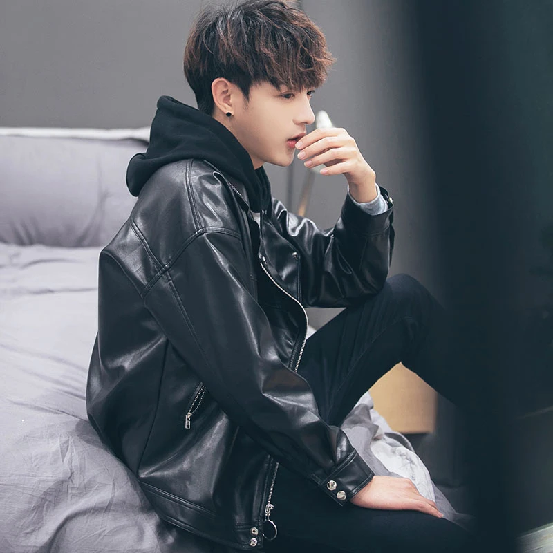 

Street Sle Men's Leather Jaet Trendy Loose Biker Clothes High Street Workwear PU Leather Coat Youthful Energy Regular Length