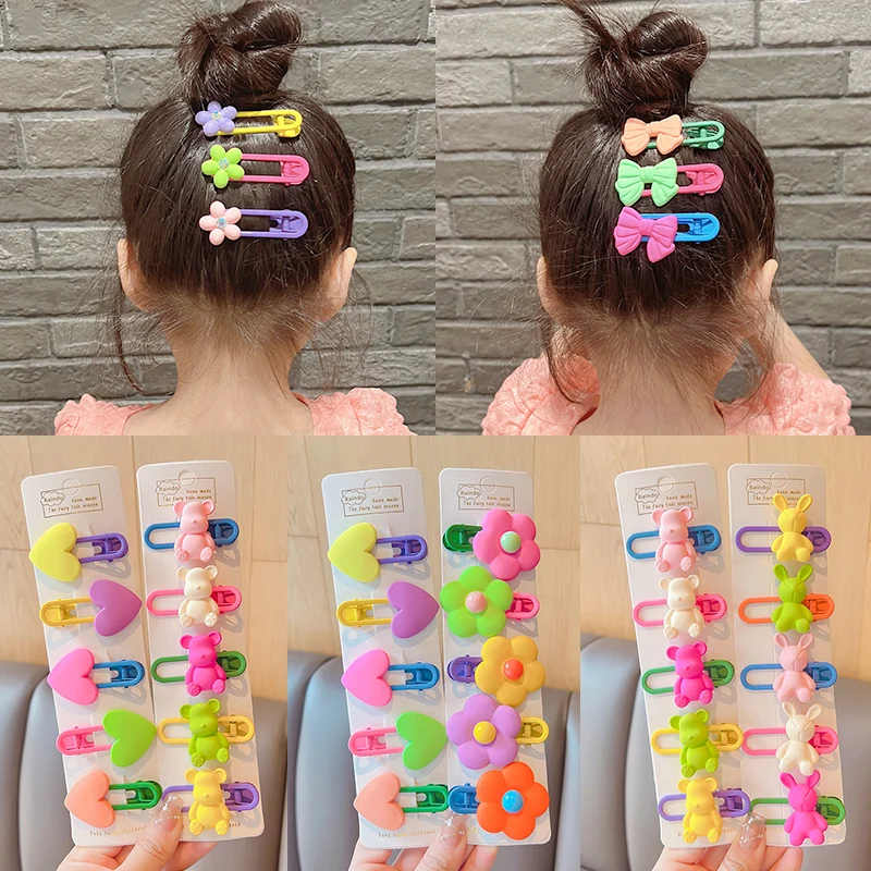 5 Pcs/Set Children Cute Acrylic Cartoon Flower Heart Ornament Hair Clips Girls Alloy Barrettes Hairpins Kids Hair Accessories