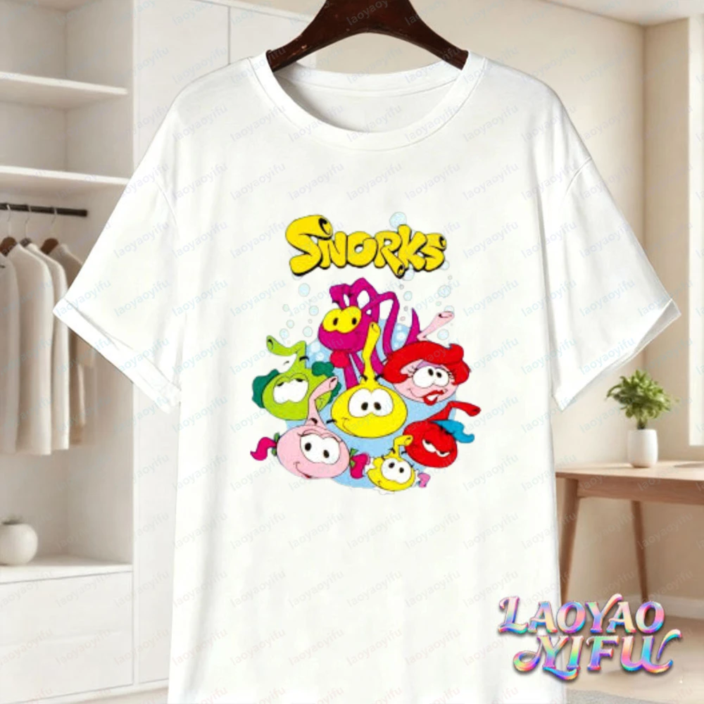 Vintage Snorks Print Men T Shirt Casual O Neck Short Sleeve Tops Soft Comfy Cotton Tee Retro Animation Graphic Streetwear Shirts