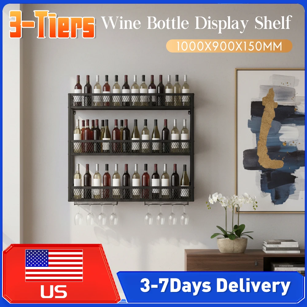 

3-Tiers Wall Mounted Wine Storage Organizer with Glass Rack 39in Large Capacity Liquor Bottle Shelf for Dining Room Home Bar New