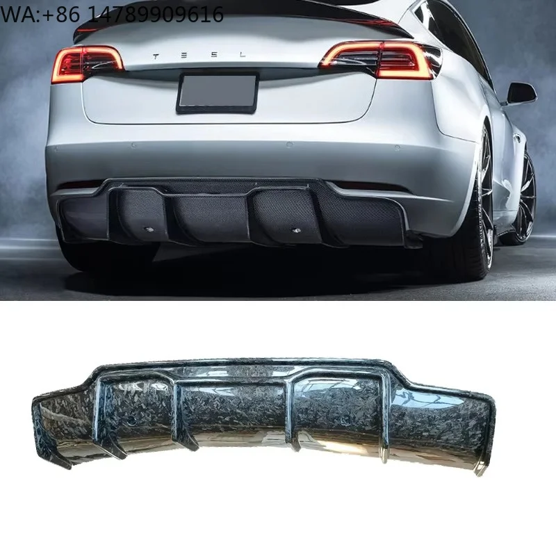 New 2014+ V-style Model 3 Forged Carbon Fiber Exhaust Rear Bumper Lip Spoiler Diffuser Kit for