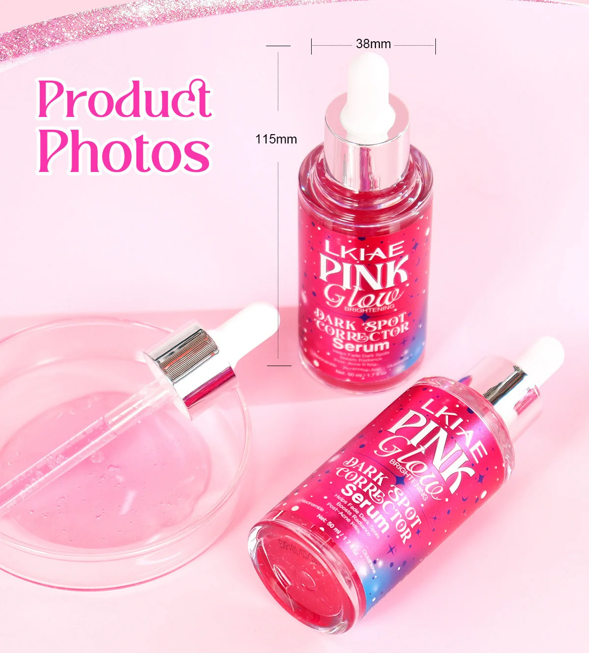 LKIAE Pink Glow Serum für Frauen, aufhellend, gegen dunkle Flecken, gegen Hyperpigmentierung, feuchtigkeitsspendend, hydratisierend, für glatte Haut. – Detail 5