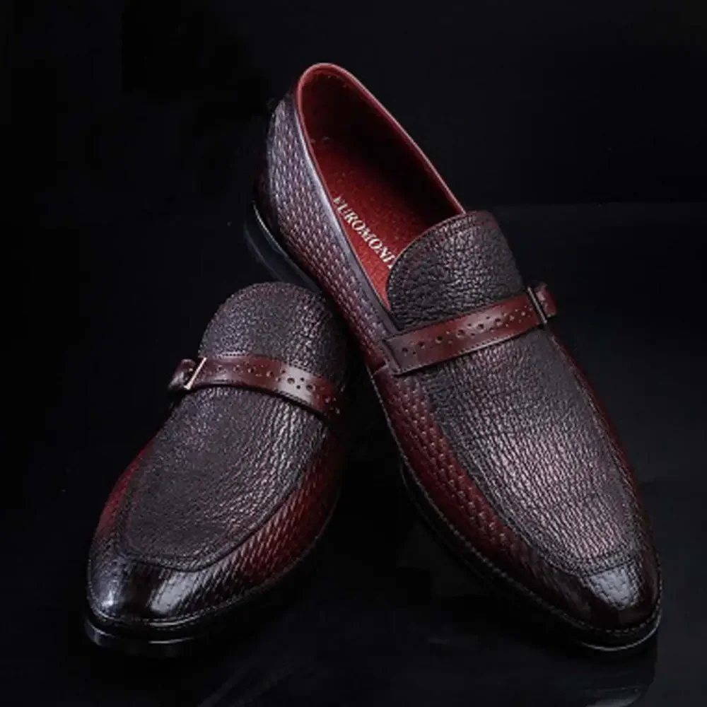 ourui New shark skin business suit shoes for men this summer  Wine red