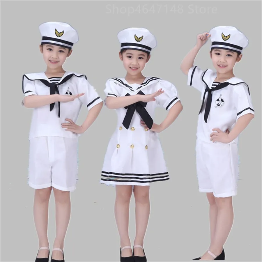 Sailor Uniform Zomer Kids Kostuum Refrein Meisje Jongen Marine Halloween Cosplay Carnaval Party Leger Pak Anime School Stadium Slijtage Dans