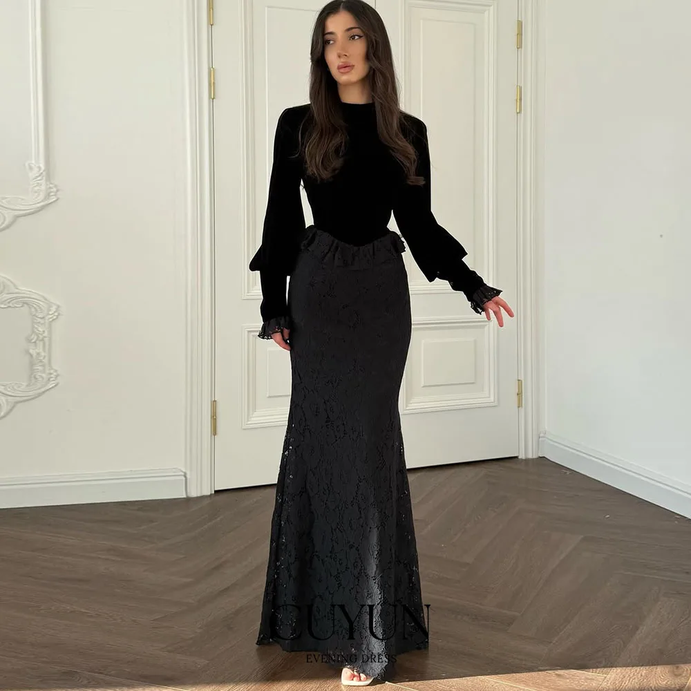 CUYUN Long Sleeves Black Evening Gown Women Lace Patchwork Elegant Formal Event Dresses Customized Mermaid Party Dress Birthday