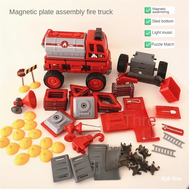 Ei Baole Magnetische Plaat Bouwsteen Assemblage Brandweerwagen Veranderlijke Bouwvoertuig Collage Educatief Jongen Cadeau Speelgoed