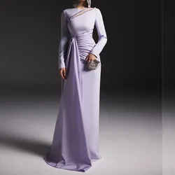 Luxury Dubai Muslim Evening Dresses For Women Elegant Long Sleeve O-Neck Floor Length Sweep Train Prom Dress Celebrity Gowns