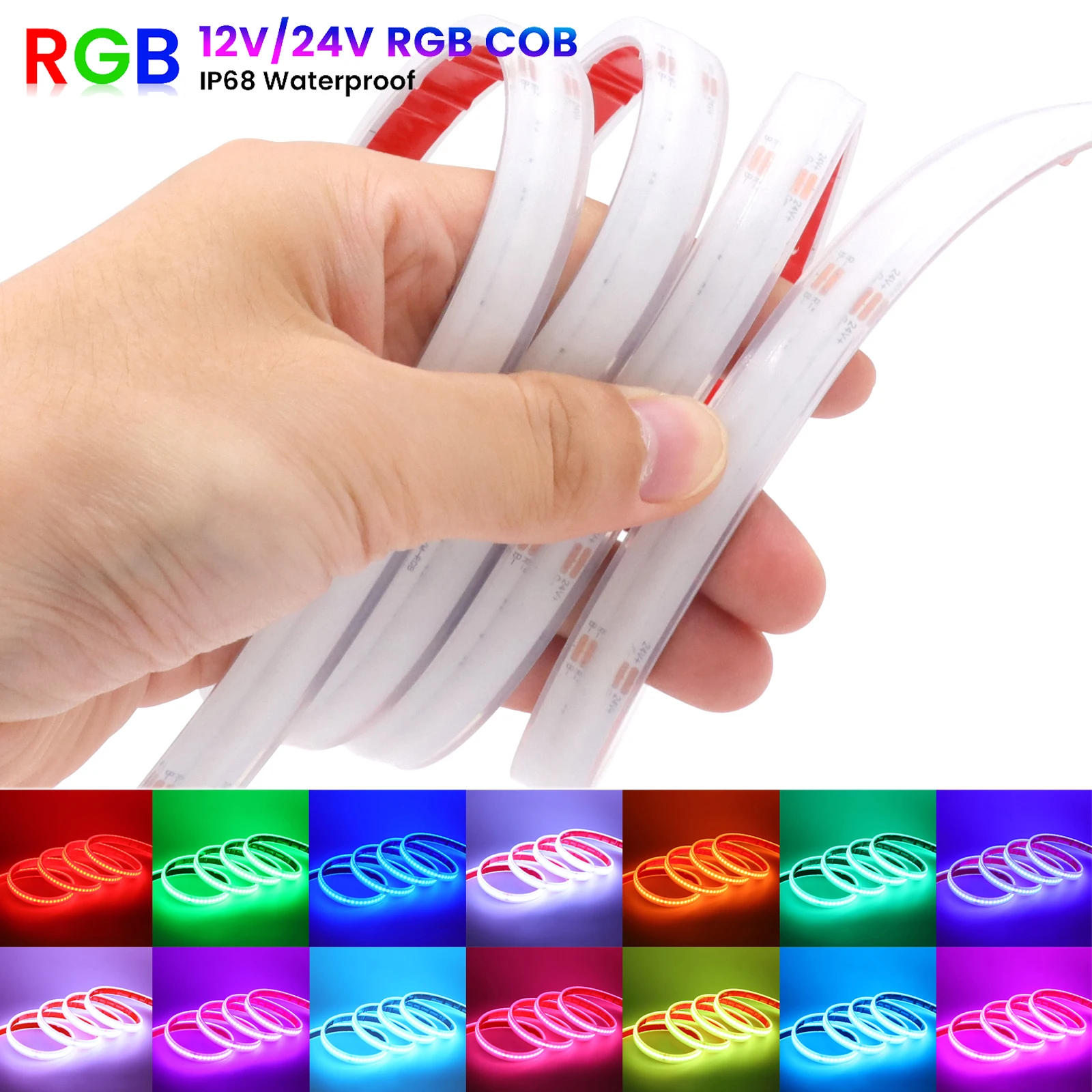 DC 12V 24V IP68 Waterproof RGB COB LED Strip 576LEDs/m High Density RA90 RGB COB Tape Flexible Ribbon for Home Garden Decor