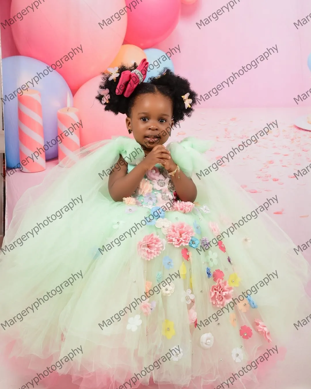 Adorable Flowers Kids Tutu Dress Pretty 3D Florals Bow Birthday Party Dresses For kids Extra Puffy Mesh Long Girls Prom Gowns