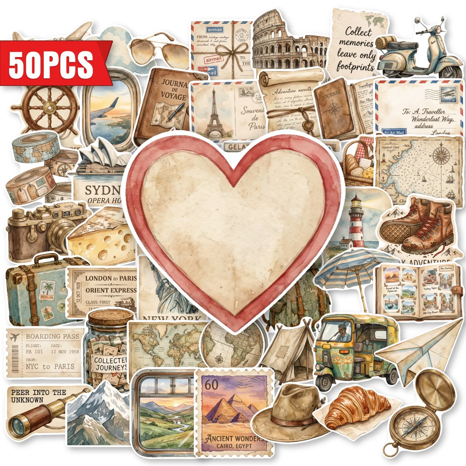 50 PCS Exquisite World Landmark Travel Theme Graffiti Stickers Decorate Luggage Helmet Scrapbook Waterproof Stationery Decals