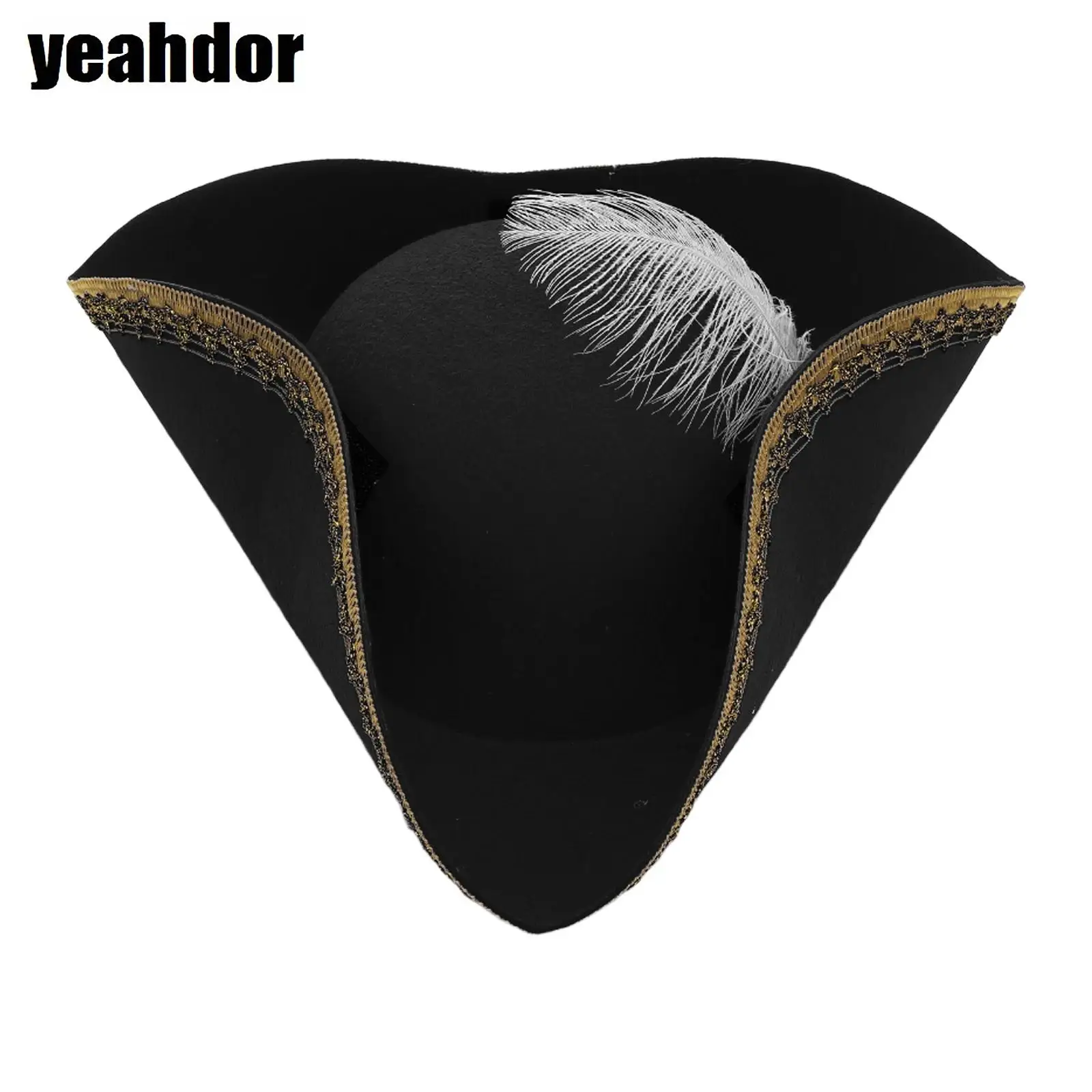 Halloween Captain Pirate Hat Cosplay Colonial Tricorn Hats Metallic Brim Embellish Felt Hat Carnival Masquerade Performance Prop