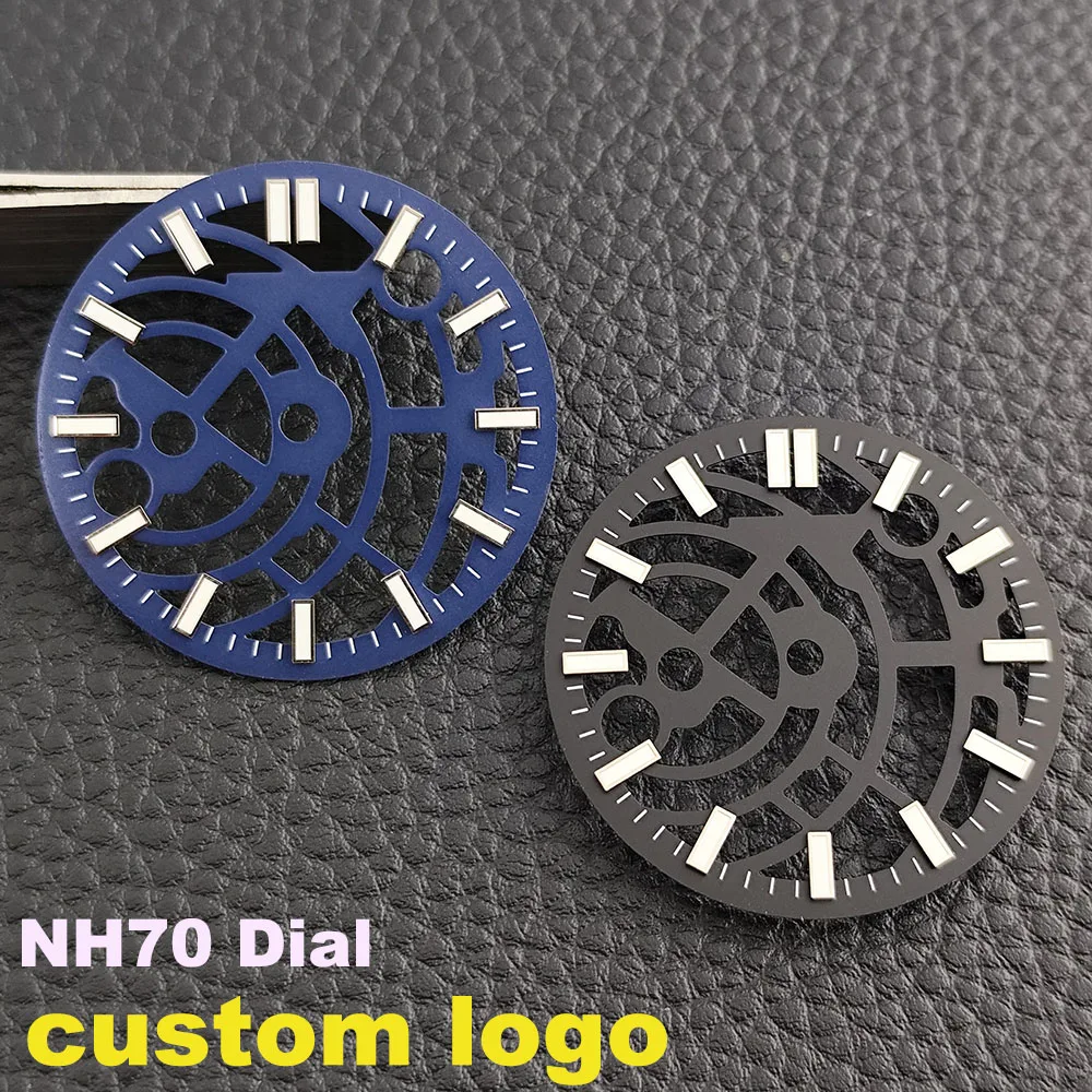 28.5mm NH70 dial hollow blue-green luminous dial suitable for NH70NH72NH35 movement men's watch dial change parts