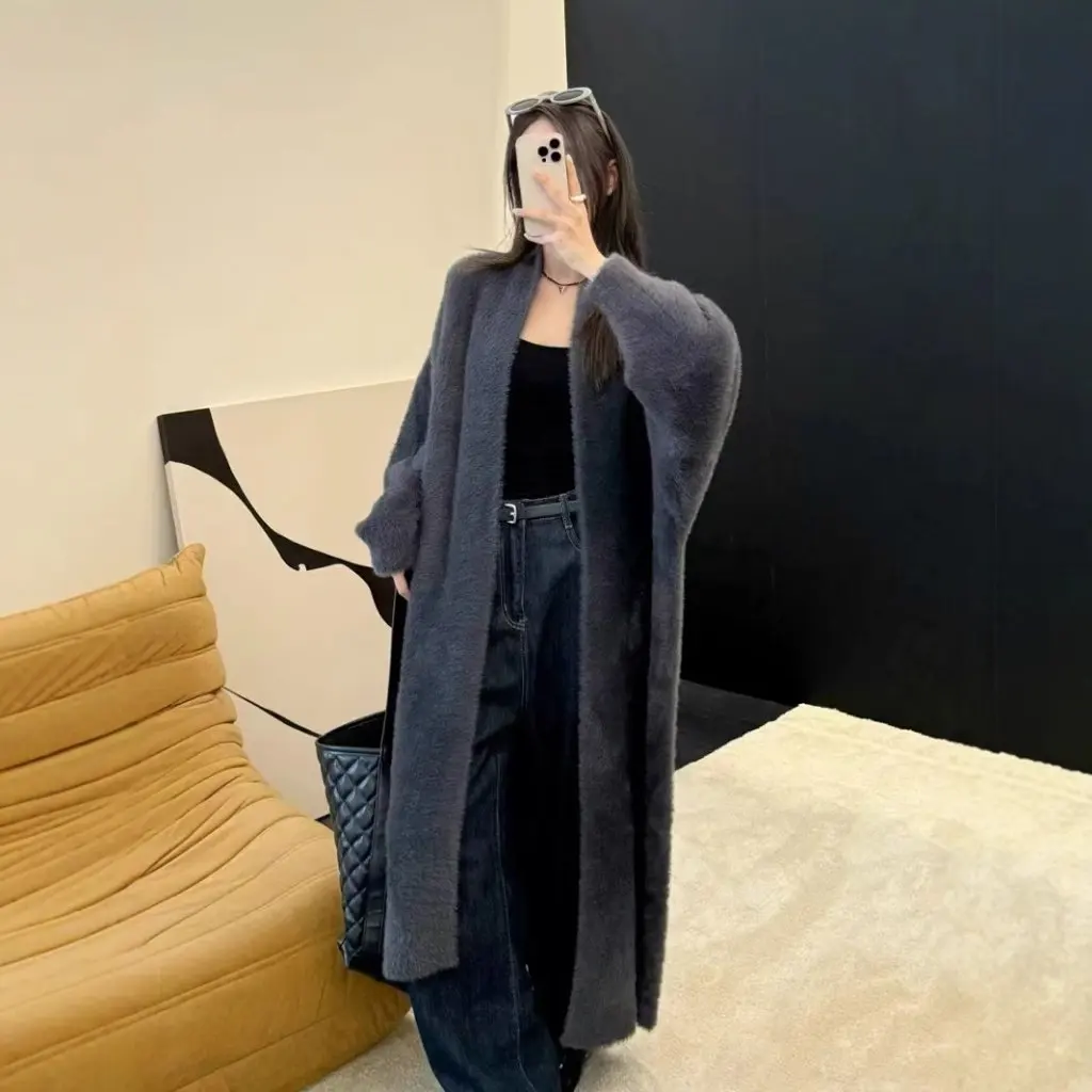 

Autumn Winter Thick Over-The-Knee Long Knitted Cardigan Imitation Mink Velvet Pure Color Loose Fit Lazy Style Women's Outerwear