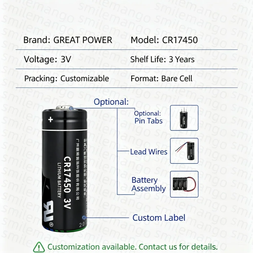 CR17450 2500mAh 3V Li-MnO2 Non-Rechargeable Lithium Battery Primary Cylindrical Battery for Water Meter Smoke Detector IoT Indus view 3