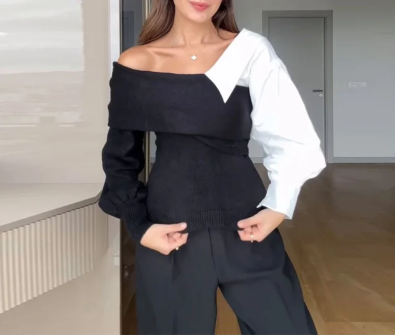 Tops Woman 2024 Autumn New Temperament Elegant Color Blocking Design One Off Shoulder Long Sleeved Knitted Shirt Streetwear