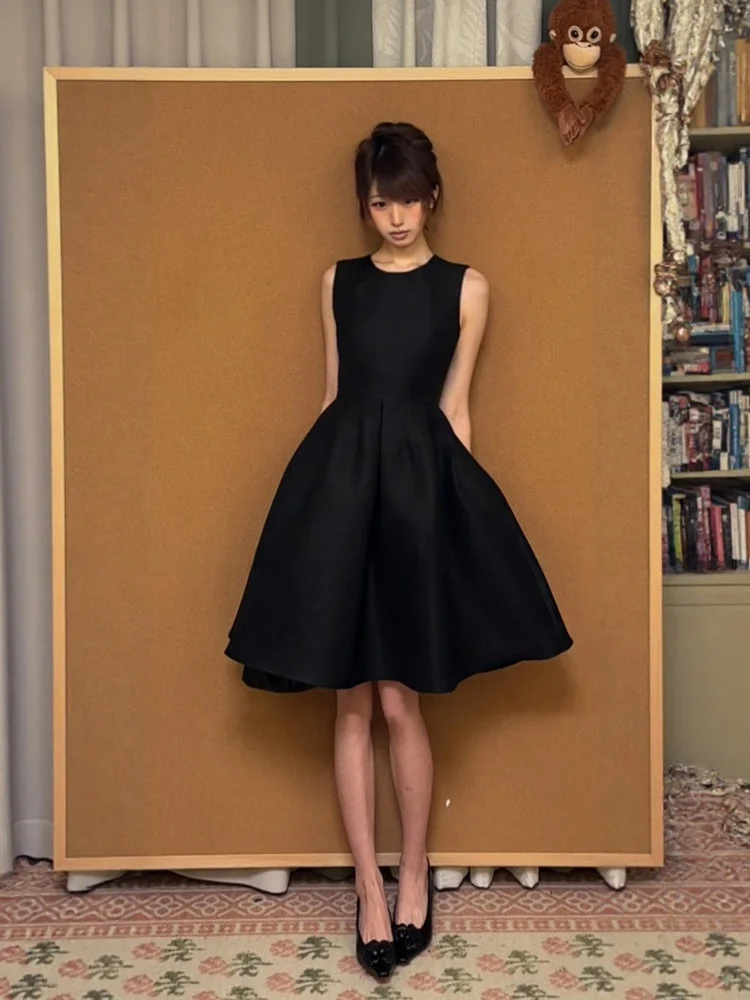 

Elegant Black Vest Skirt Women's Summer Slimming A-Line Skirt High Waist French Style No Brand Casual Date Party Ball Skirt