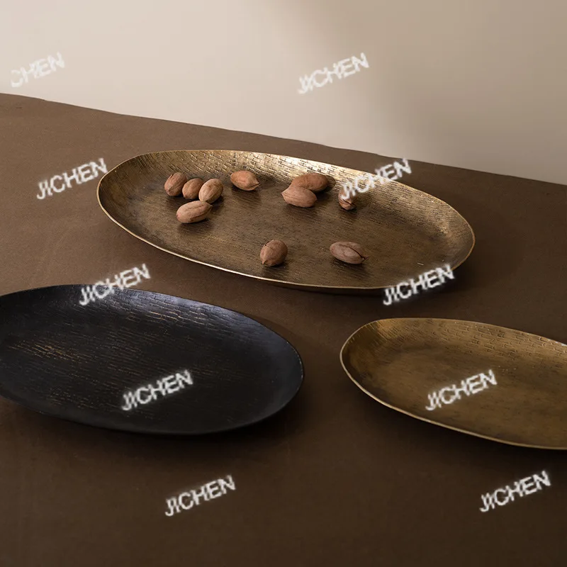 

Алюминиевая тарелка для фруктов, декоративное украшение для дома, настольная металлическая тарелка, новый китайский овальный поднос с узором под ротанг, золотой, черный