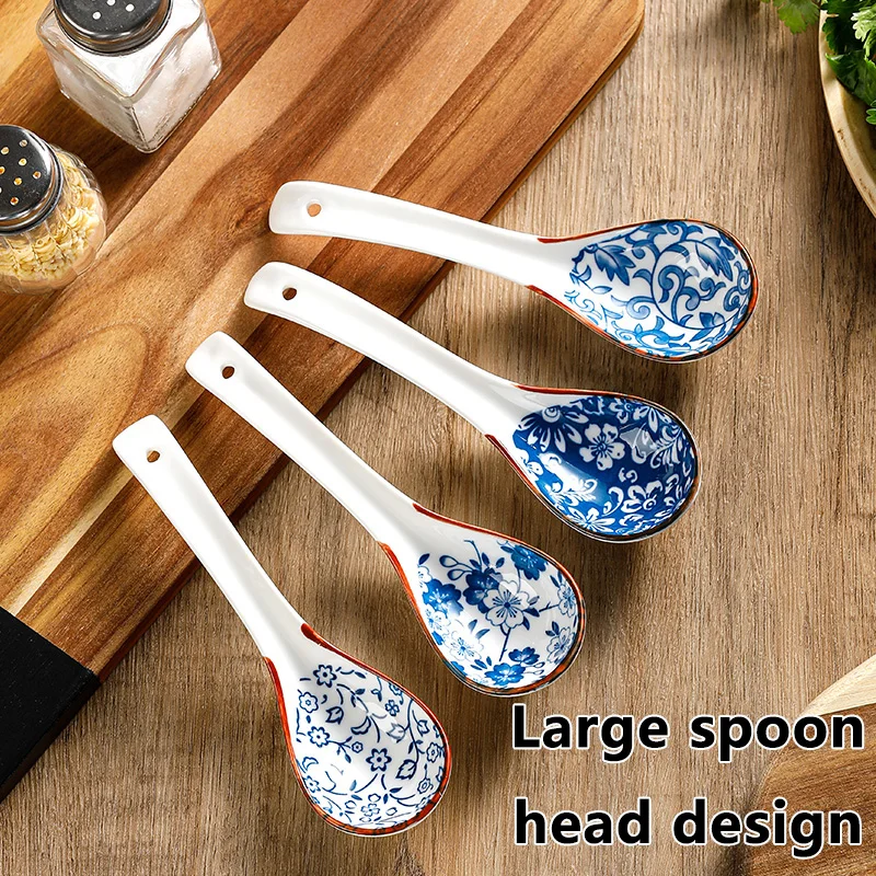 4PCS Soup Spoons Ceramic Retro Chinese Style SetBlue White Porcelain Household Tableware Long Handle Soup Spoon Combination Set