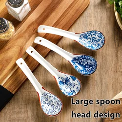 4PCS Soup Spoons Ceramic Retro Chinese Style SetBlue White Porcelain Household Tableware Long Handle Soup Spoon Combination Set