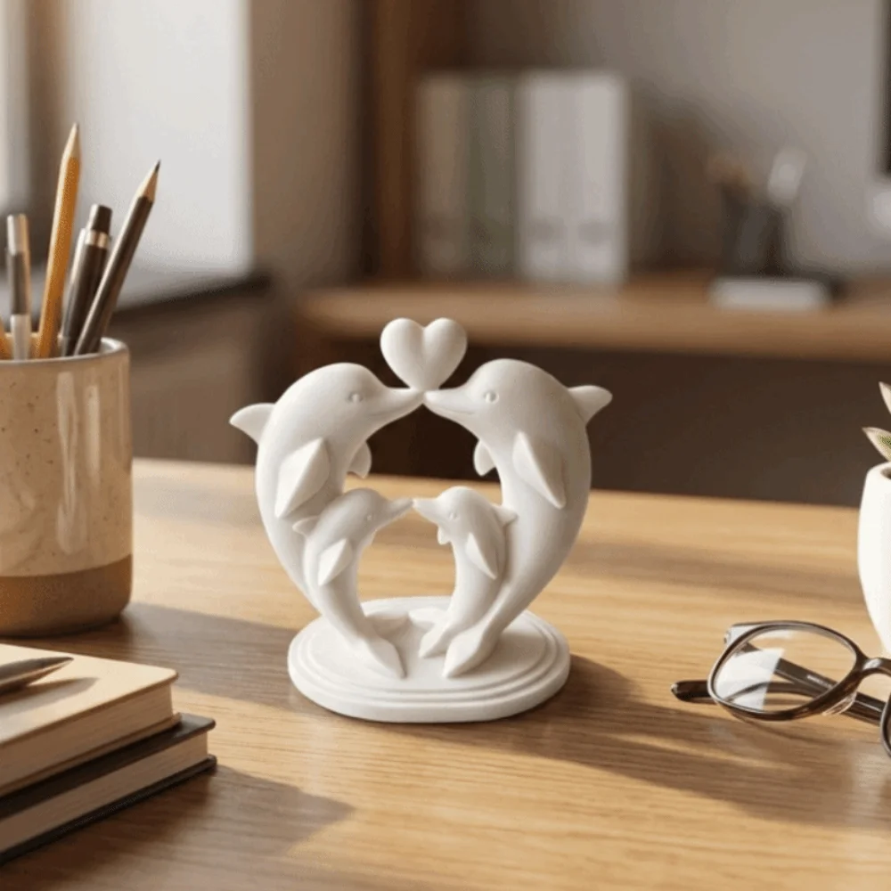 Heart-shape 3D Printed Dolphin Statue Cartoon Plastic Dolphin Desktop Ornament Smooth Curved