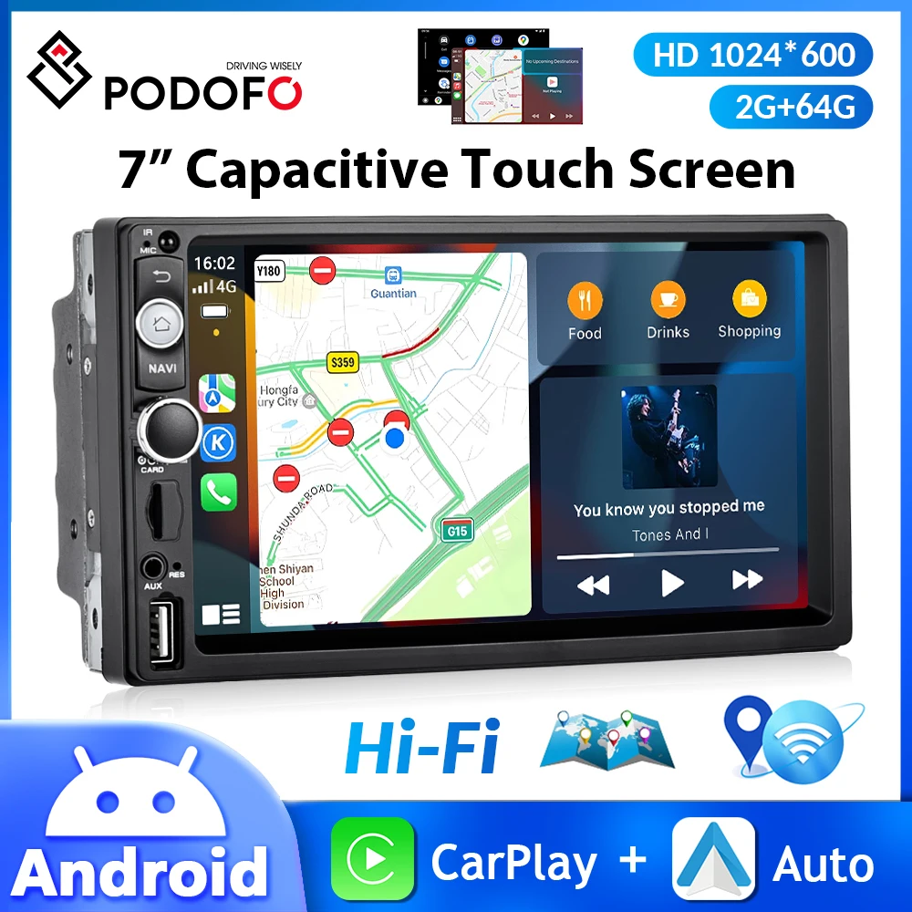 Podofo 7'' Android Car Radio 2Din Multimedia Video Player Carplay Android Auto HiFi WIFI GPS Navigation 1080P  2+32G Car Stereo