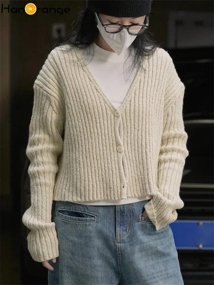 

HanOrange 20245 Autumn Lazy Simple V-neck knit Cardigan Women Loose Comfortable Texture Casual Sweater Female Grey Beige