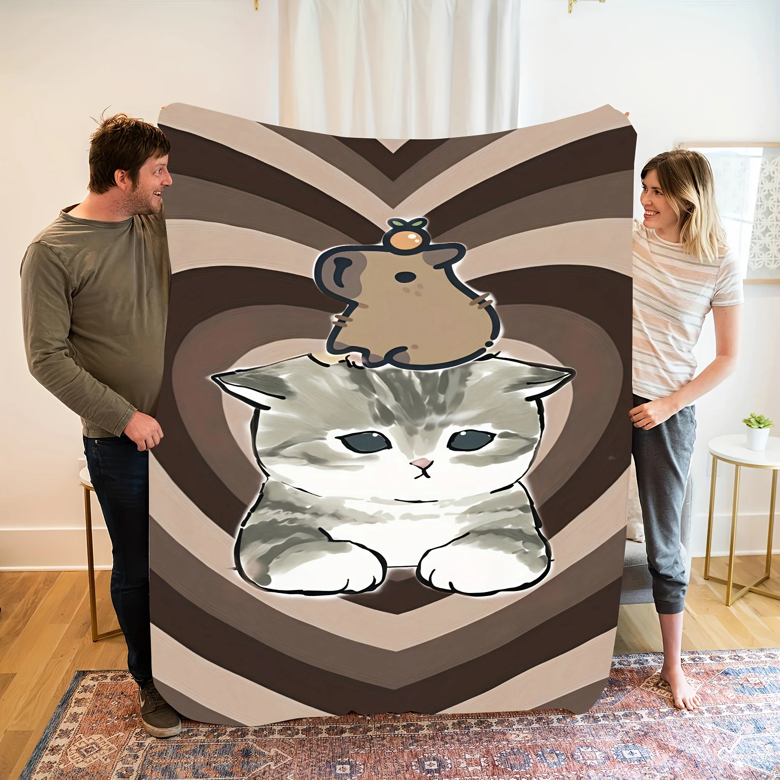 

Cozy Flannel Blanket with Playful Cat & Mouse Cartoon Design - Soft Brown Striped Contemporary Throw for All-Season Use