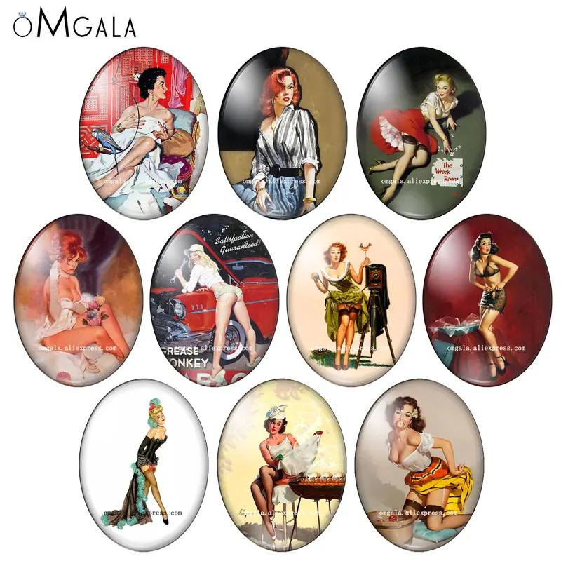 Beautiful Sexy Lady Women Art Painting 13x18mm/18x25mm/30x40mm Oval photo glass cabochon flat back Making findings