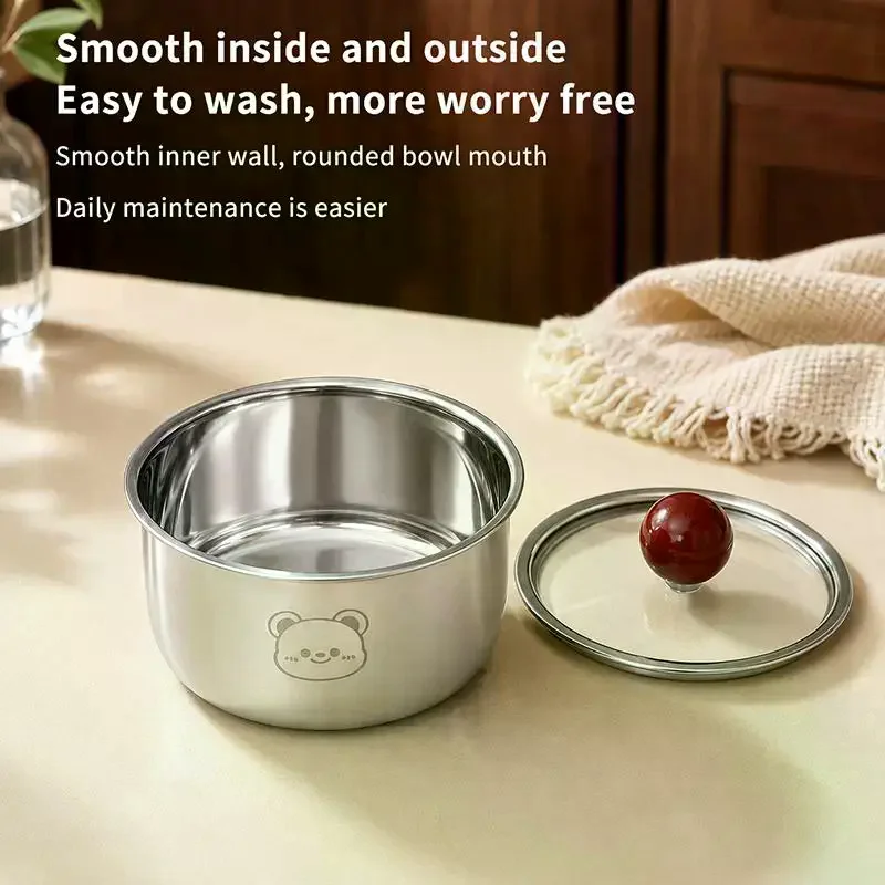 Stainless Steel Egg Steaming Bowl Cute Bear Engraved Food Grade Durable For Kids Feeding Home Kitchen Use