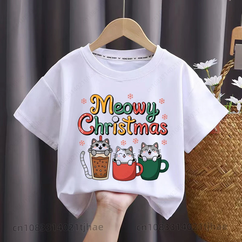 Merry Christmas Cats Moose Graphics Kids Tshirts for Babys Santa Claus Letters Party T-Shirt for Boys T shirts for Girl Tops