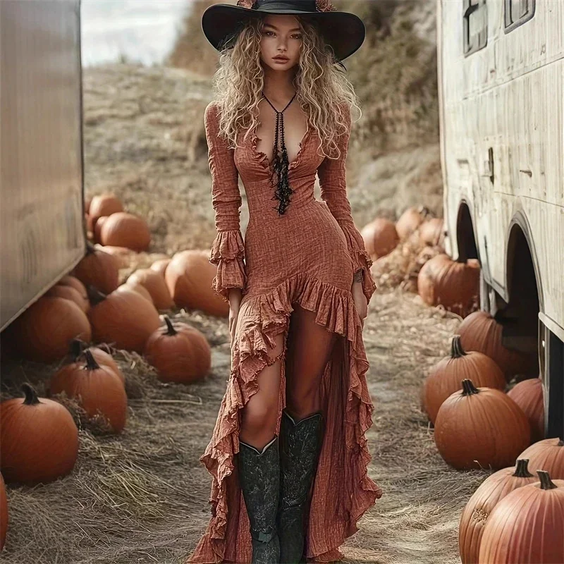 Vintage Floral Ruffle Irregular Hem Long Maxi Dress Deep V Neck Bowknot Long Sleeve For Women Autumn Party Boho Romantic