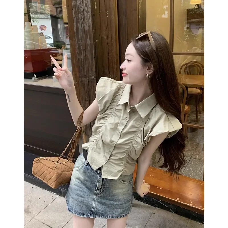 Koreaanse Effen Kleur Turn-Down Kraag Blouse Zomer Nieuwe Mode Eenvoud Zoete Geplooide Korte Mouw Shirts Vrouwen Kleding