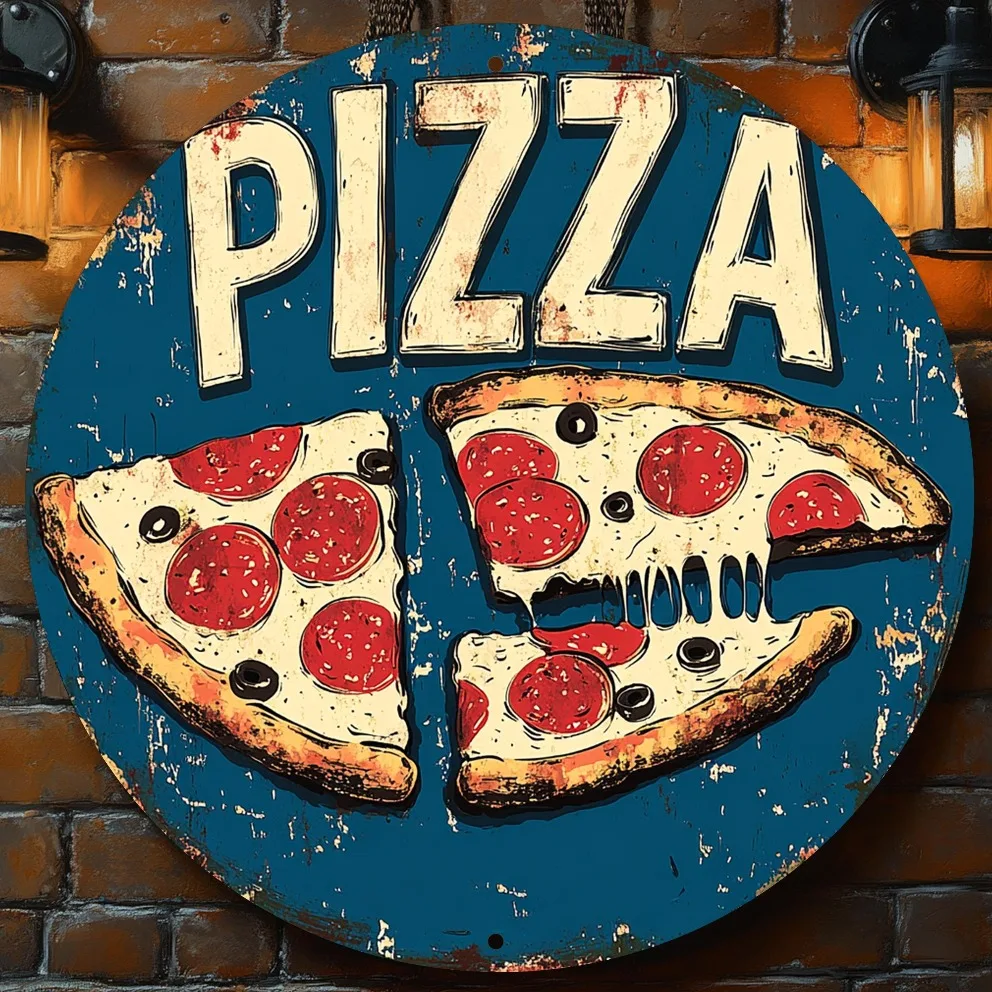 Letrero de metal con rebanada de pizza vintage, arte de pared redondo con diseño de pizza azul rústico, perfecto para el hogar, bar, oficina, regalo para amantes de la pizza