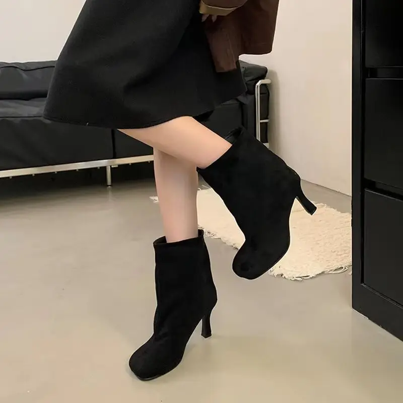 

Осень-зима, женские ботильоны с круглым носком, модная короткая обувь на лаконичном тонком каблуке, уличная одежда, Botines Para Mujeres Botas Feminino