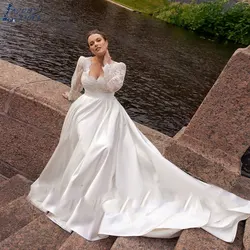 LAYOUT NICEB Elegant V Neck Long Sleeves Wedding Dress 2024 Charming Plus Size Applique Bridal Gown Satin A-Line Robe De Mariée