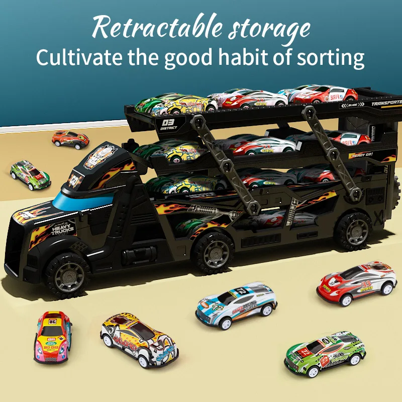 

Fire Truck Toy Storage Truck: Swallows Metal Cars, Transforms into Stomping Transporter with Eject Race Track for Toddlers, YIMI