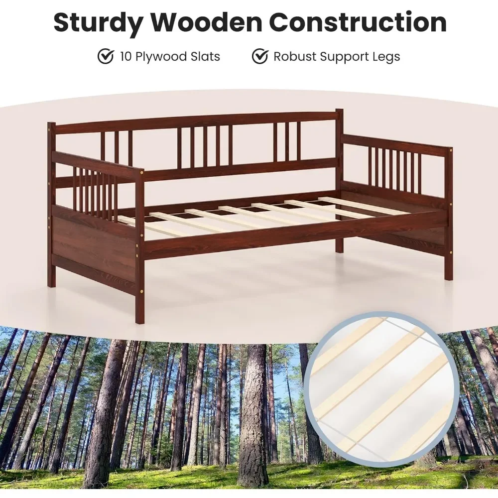 إطار سرير نهاري مزدوج، سرير أريكة خشبي سرير ضيوف مع قضبان ودعم شريحة خشبية، إطار سرير بمنصة مزدوجة الاستخدام لـ L