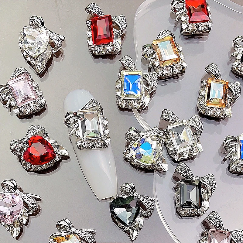 10 STKS 3D Luxe Legering Boog Nail Art Liefde Hart Charms Rechthoekige Strass Accessoires Voor Manicure Nagels Decoratie Benodigdheden