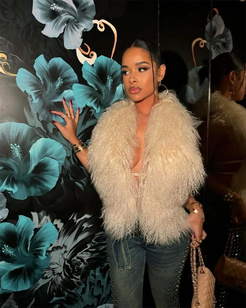 Luxury Y2k Sexy Faux Fur Tops Women Winter Clothes Halter Deep V-Neck Vest Night Clubwear Bandage Backless Fluffy Outerwear Coat