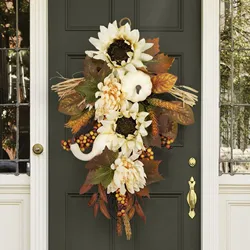 Artificial Pumpkins Wreaths White Sunflower Wall Hanging Autumn Wreath with Leaves Flower Fall Door Garland Thanksgiving Theme