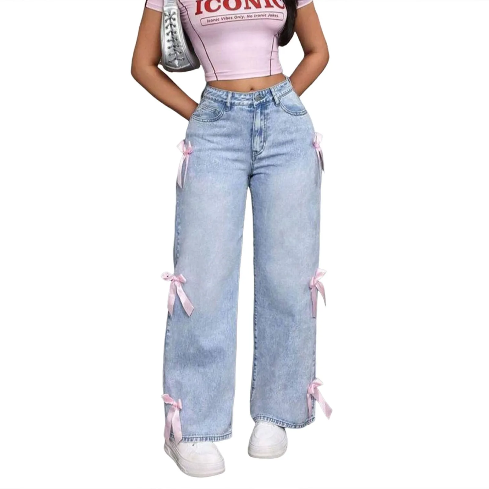 Jeans Für Frauen Hohe Qualität Hohe Taille Amerikanischen Breite Bein Hosen Bogen Stickerei Y2k Vintage Gerade Sommer Hosen Neue