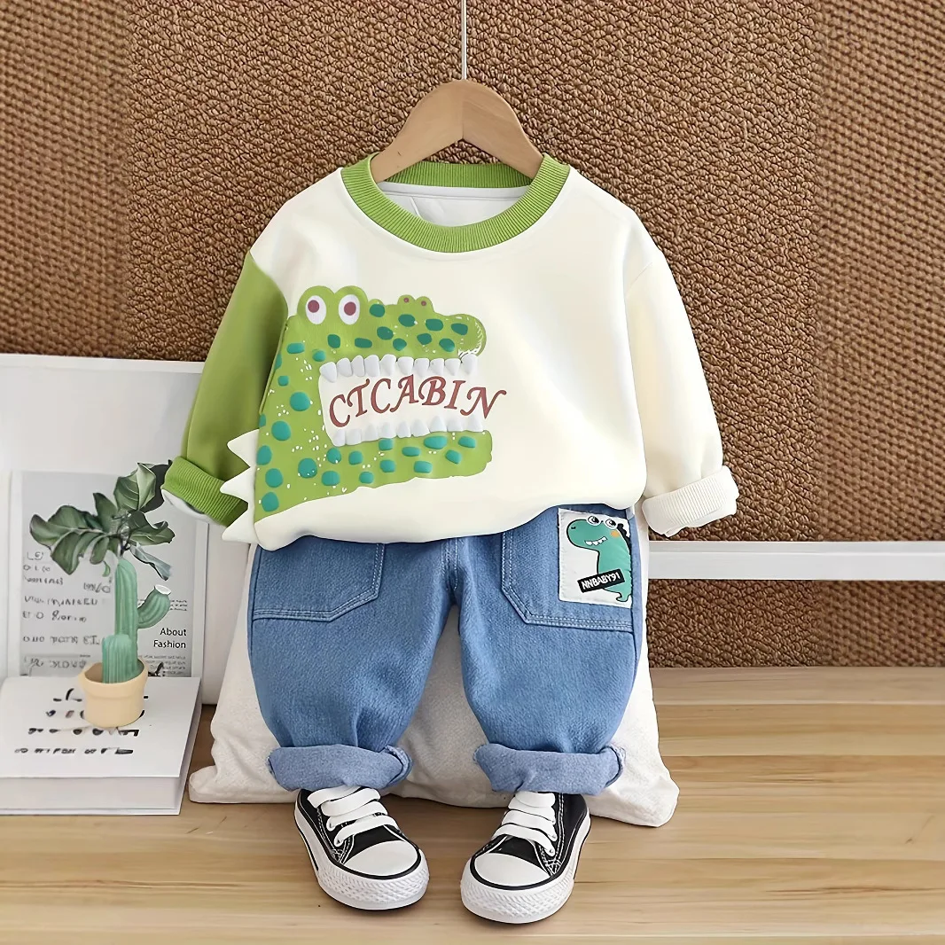 Toddler 2Pcs Outfit Cartoon Crocodile Print Color Block Sweatshirt Elastic Cuffed Denim Pants Kids Spring Casual Clothes Set