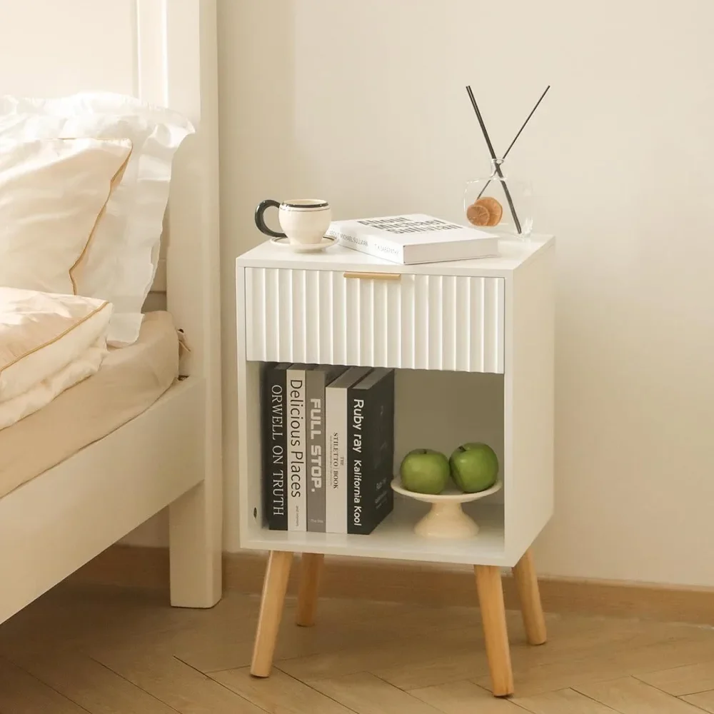 

White Nightstand, Modern Bedside Table with Drawer and Opening Storage, Fluted End Side Table Living Room with Solid Wood Legs