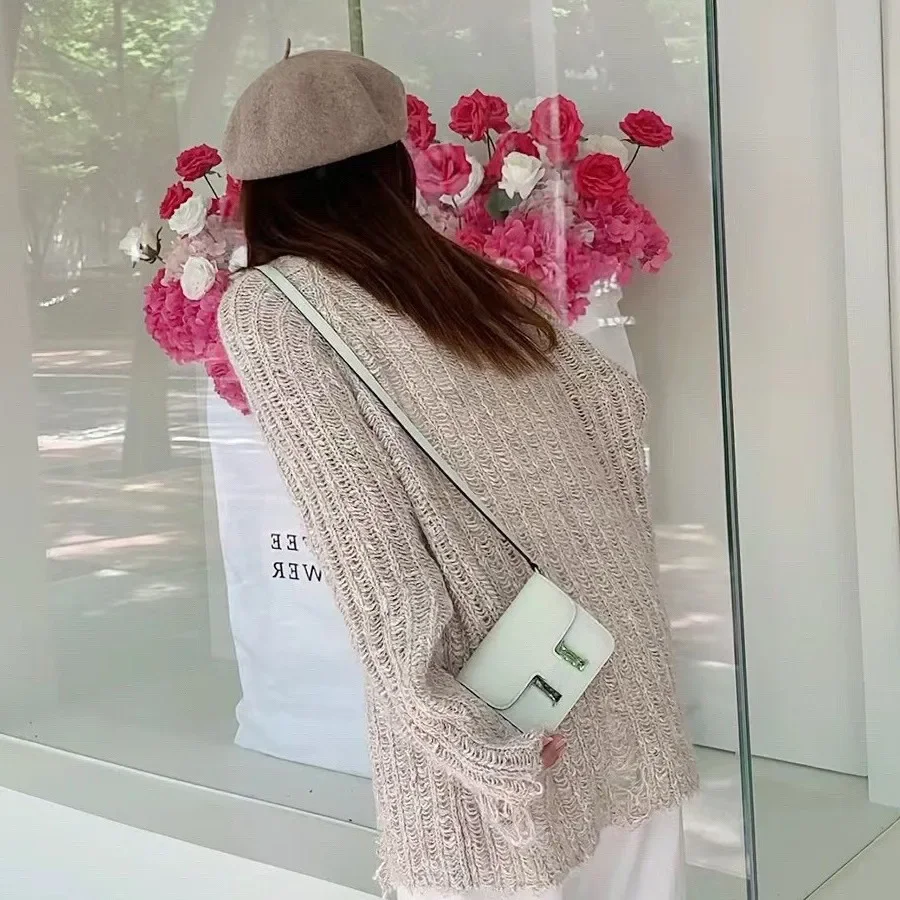 حقيبة كتف صغيرة من الجلد الطبيعي على شكل حرف H، سلسلة أنف خنزير، بصمة يد من جلد البقر، أحمر شفاه، حقيبة مربعة صغيرة، طراز عتيق