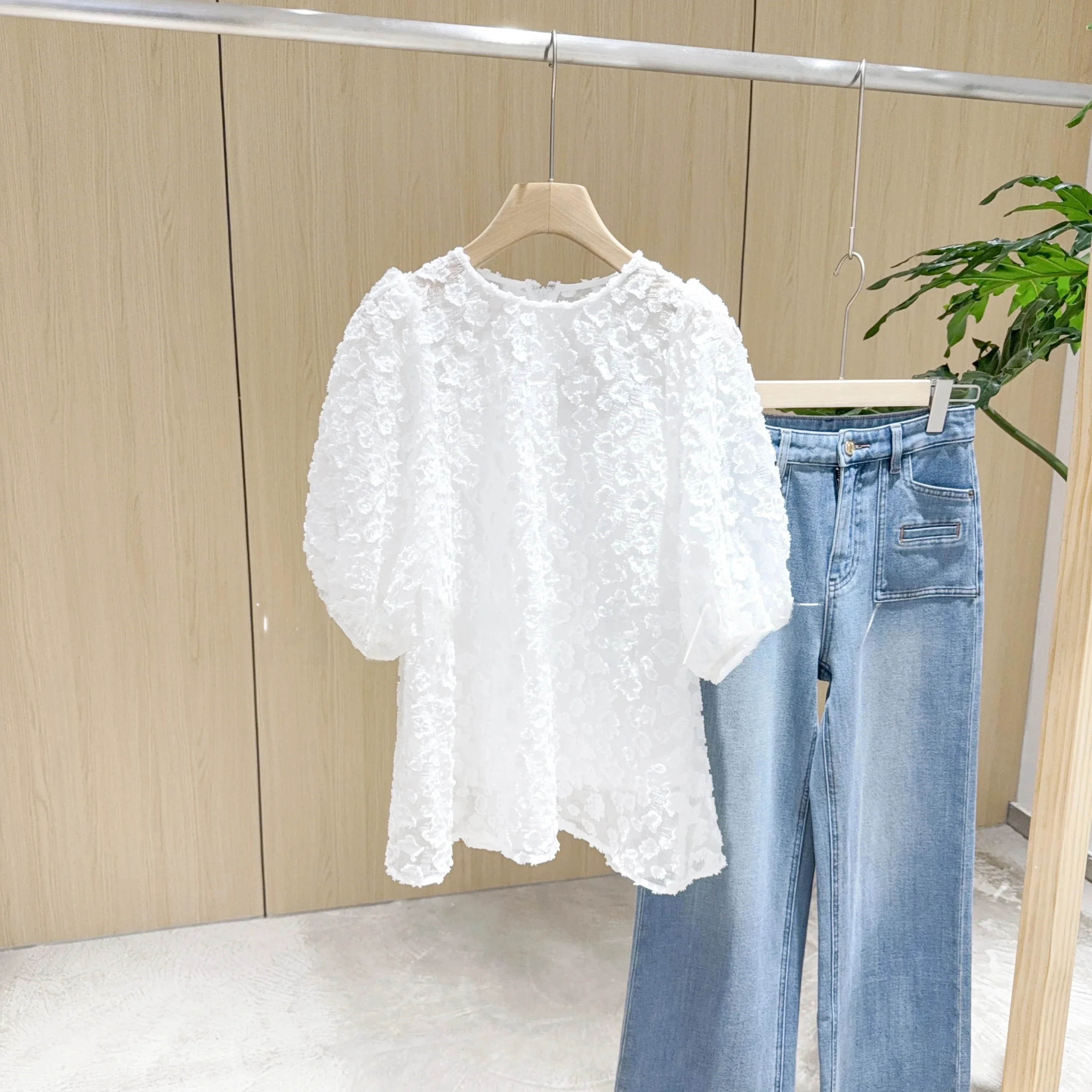 Mimifafa Gentle Style Heavy Fabric New 26 Summer Shirt Women's round Neck Short Sleeve Floral Patterned Soft Top