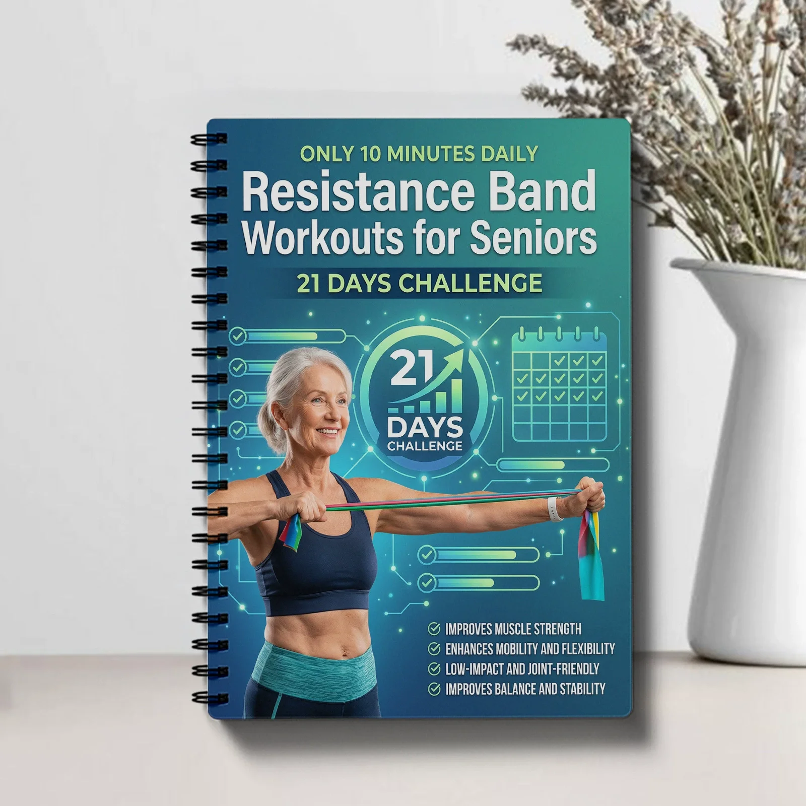 21 Day Resistance Band Workouts for Seniors Low Impact Exercise Guide Spiral Fitness Planner Notebook - Strength & Mobility