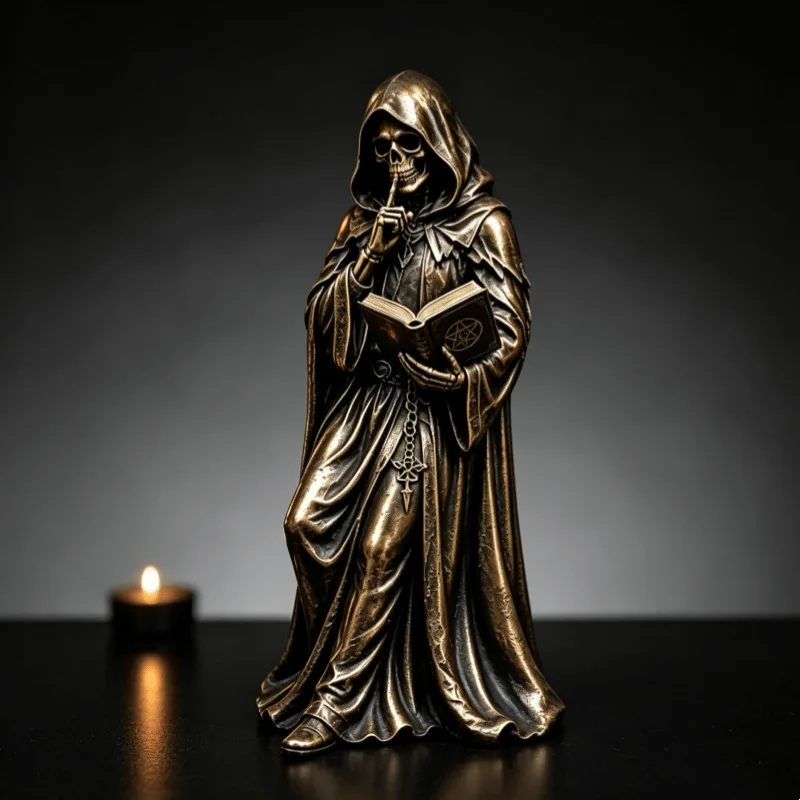 Gothic Resin Death Reading Statue 12/15cm Dark Grim Reaper Figurine Bookshelf Tabletop Decor Halloween Spooky Ornament Gift
